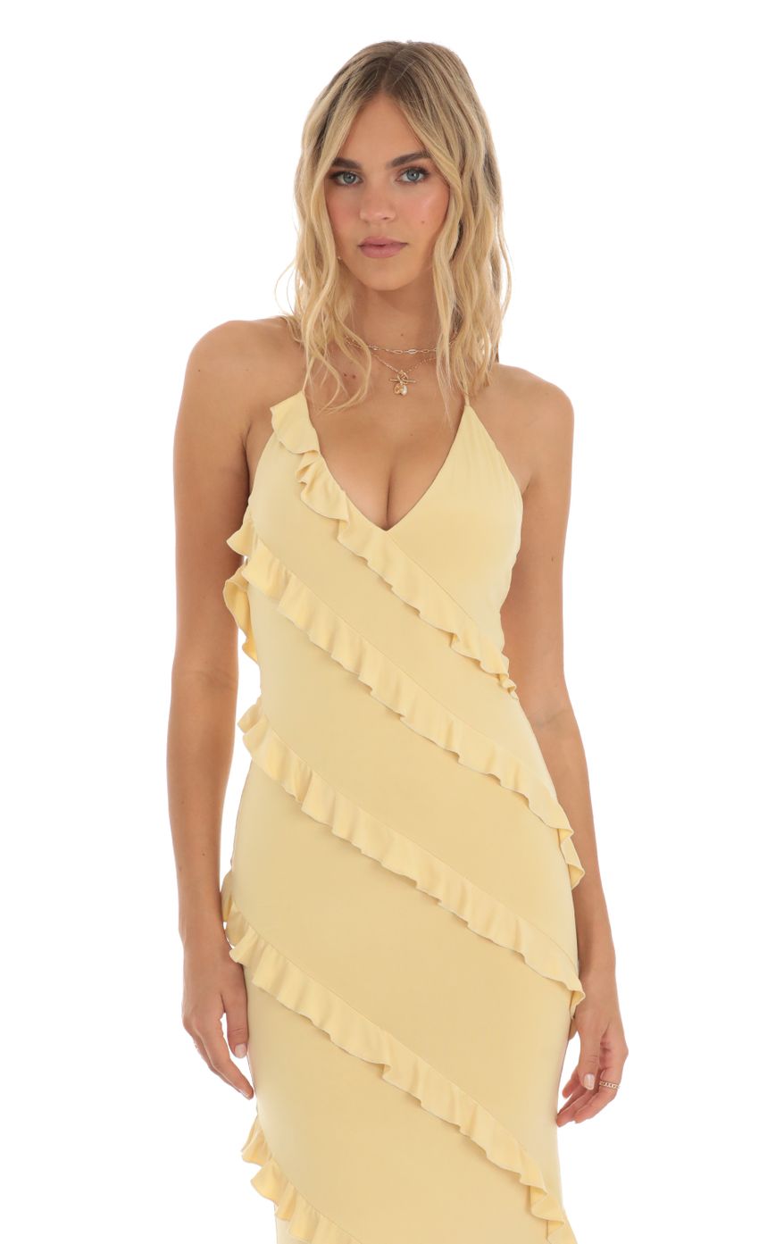 Ruffle Halter Maxi Dress in Yellow - luluinthesky