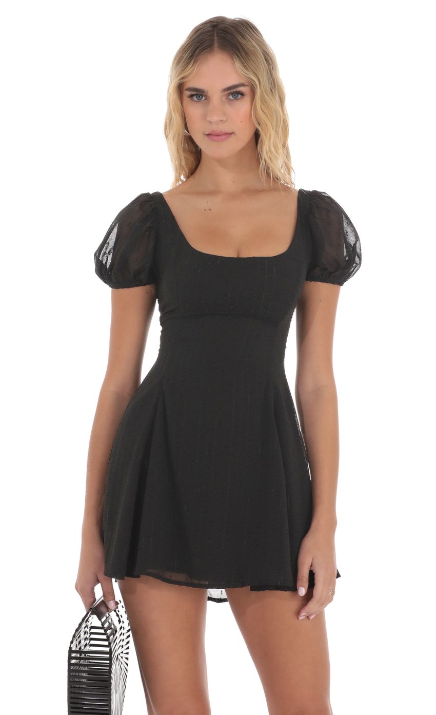 Dotted Shimmer Puff Sleeve Dress in Black - luluinthesky
