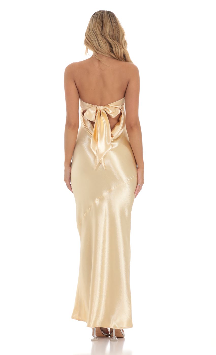Strapless Satin Open Back Maxi Dress in Gold - luluinthesky