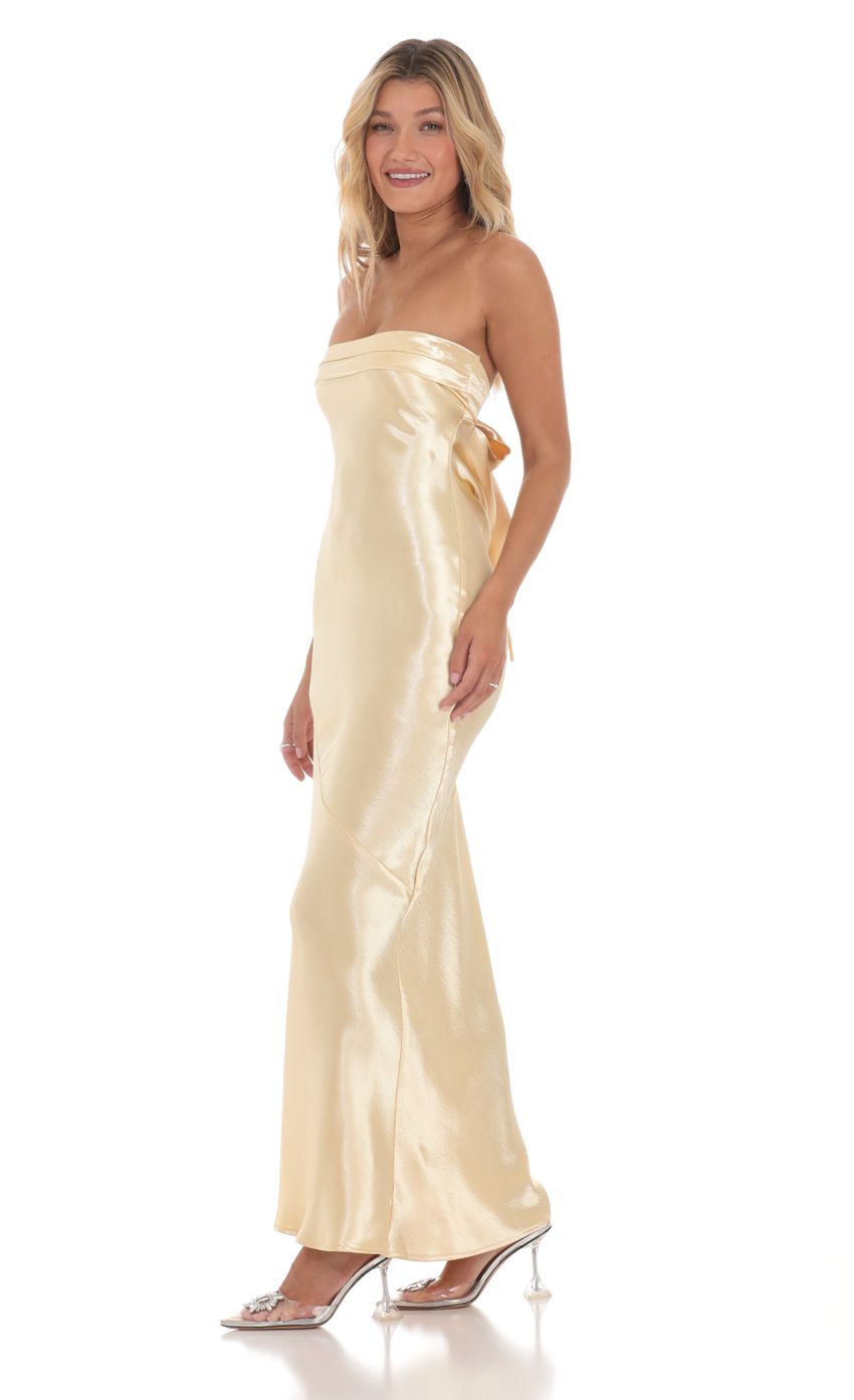 Strapless Satin Open Back Maxi Dress in Gold - luluinthesky