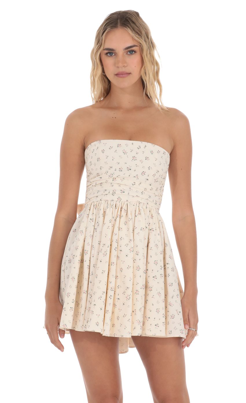 Floral Strapless A-line Dress in Cream - luluinthesky