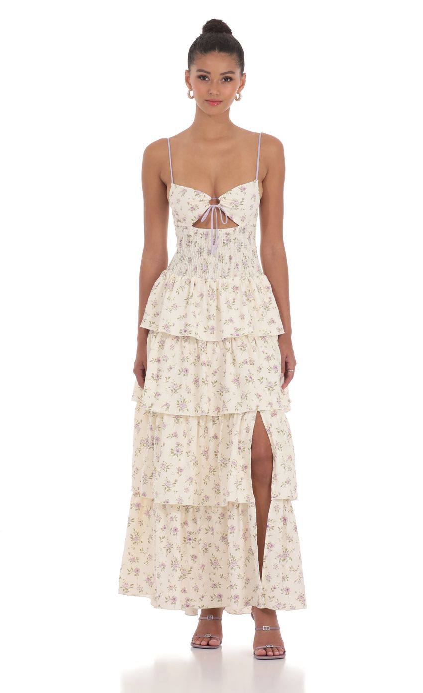 Floral Cutout Ruffle Maxi Dress in Cream - luluinthesky