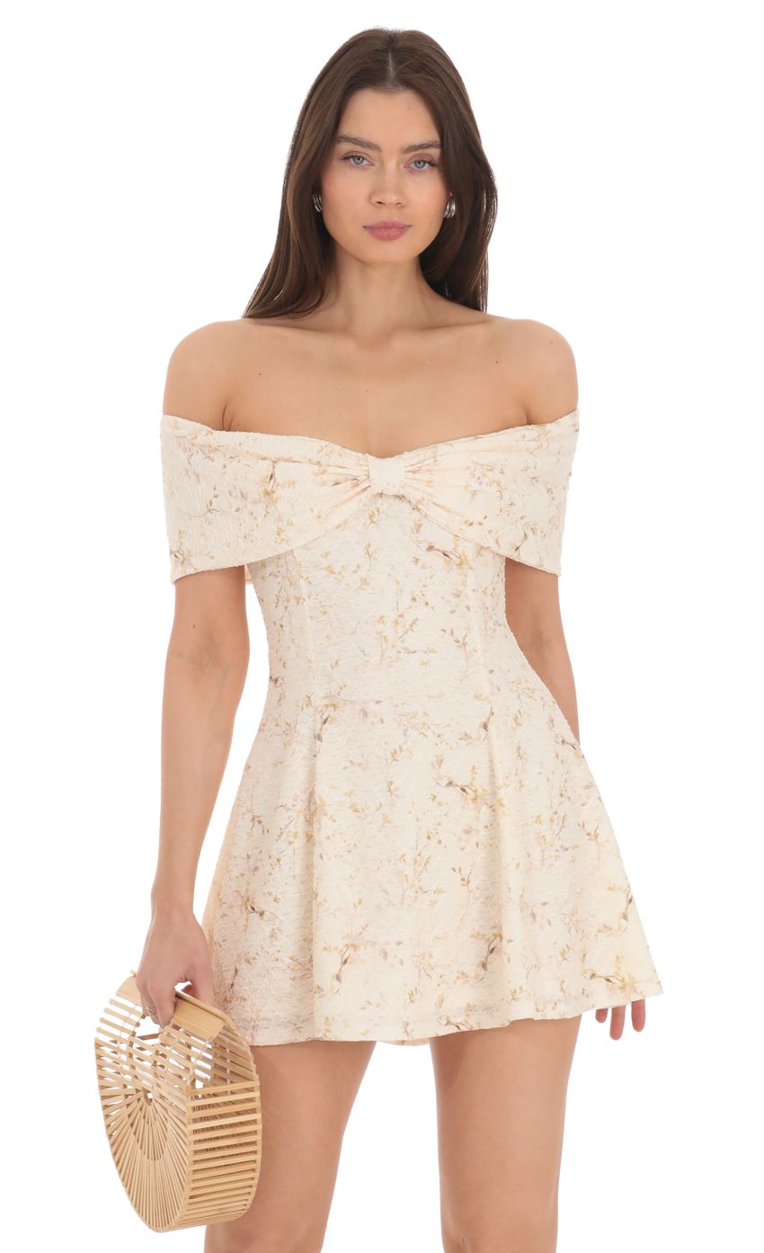 Front Bow Floral Off Shoulder Dress in Cream - luluinthesky