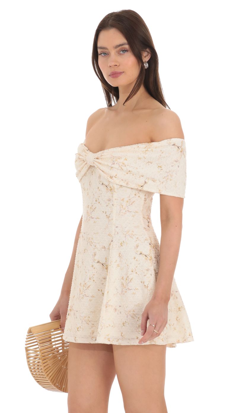 Front Bow Floral Off Shoulder Dress in Cream - luluinthesky