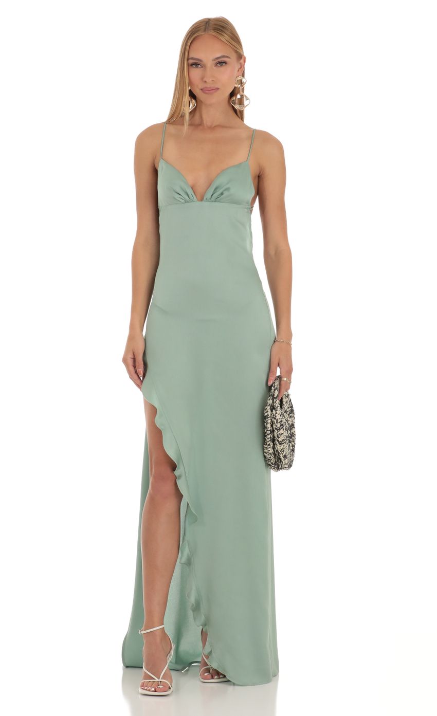 Satin Ruffle Maxi Dress in Sage - luluinthesky