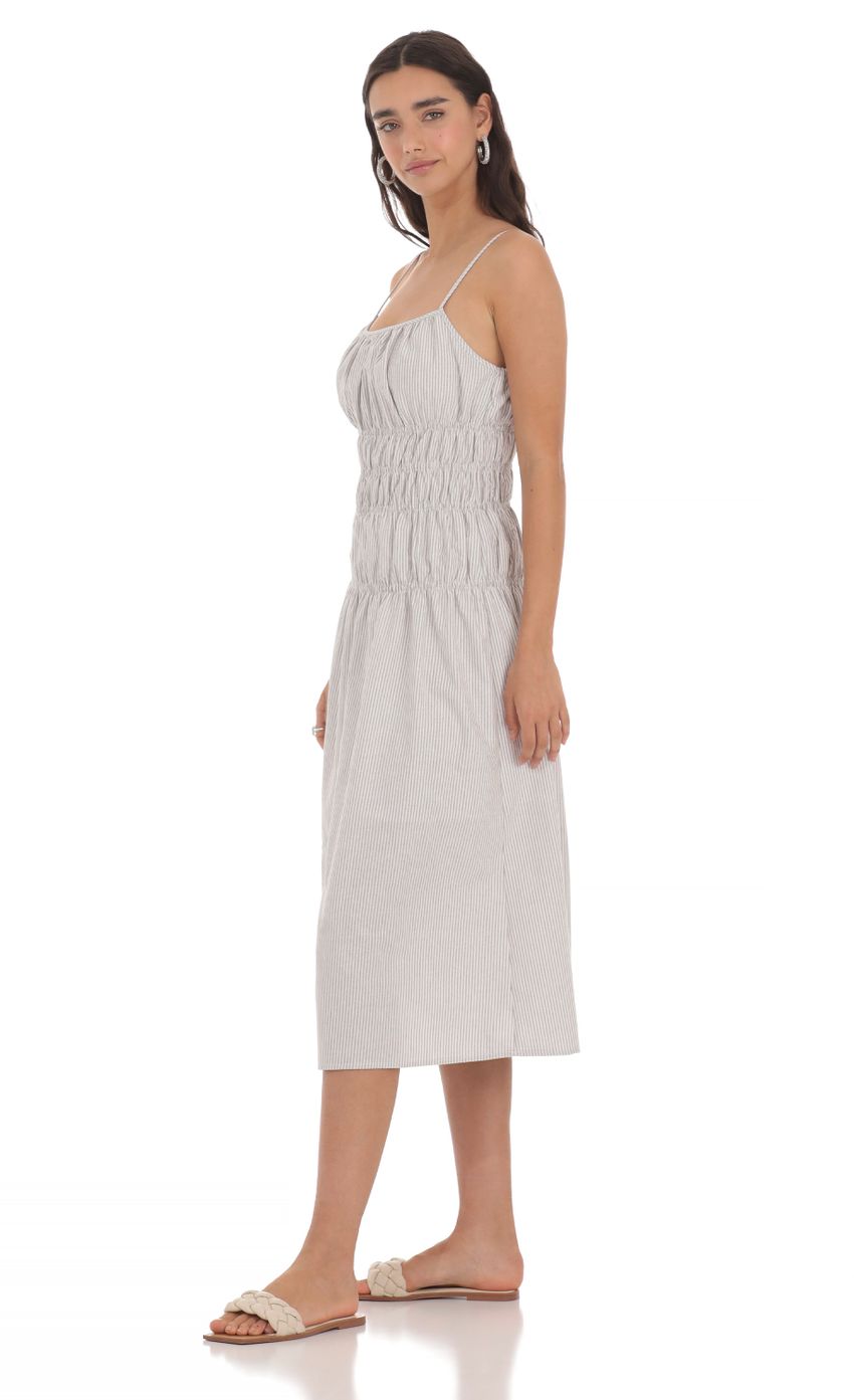 Ruched Striped Midi Dress in Grey - luluinthesky