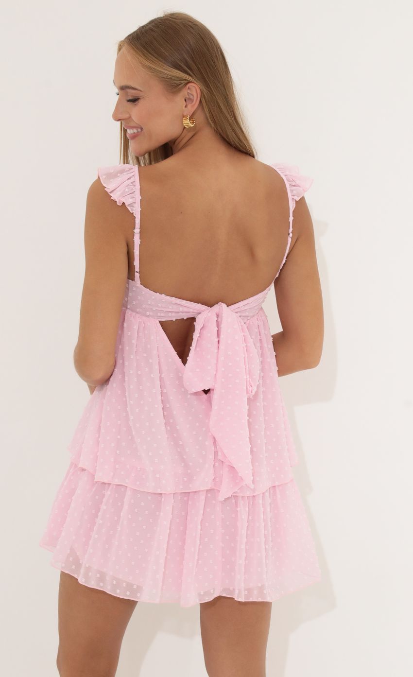 Dotted Chiffon Ruffle Dress in Pink - luluinthesky