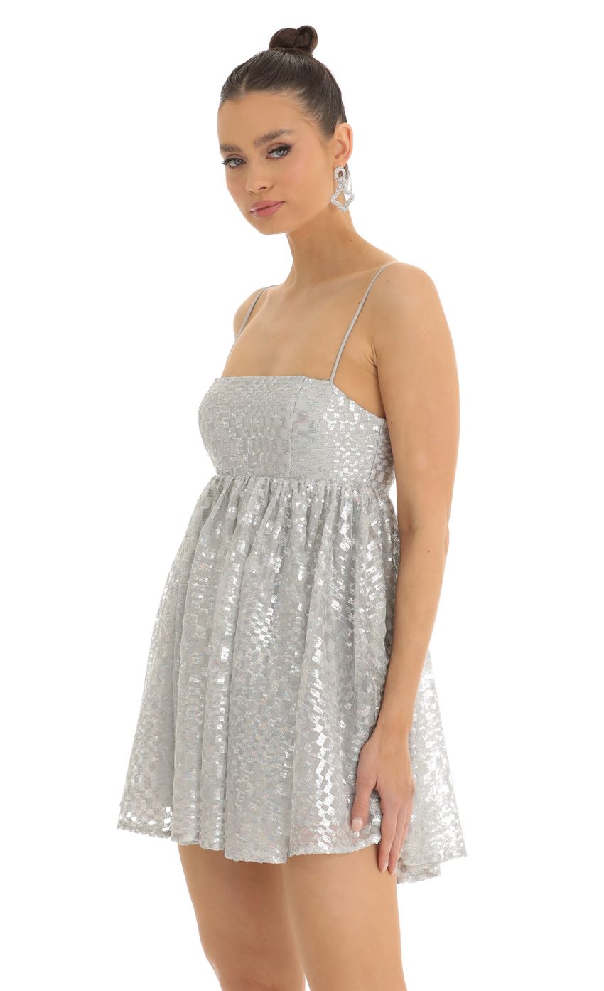 Checkered Sequin Baby Doll Dress in Silver - luluinthesky