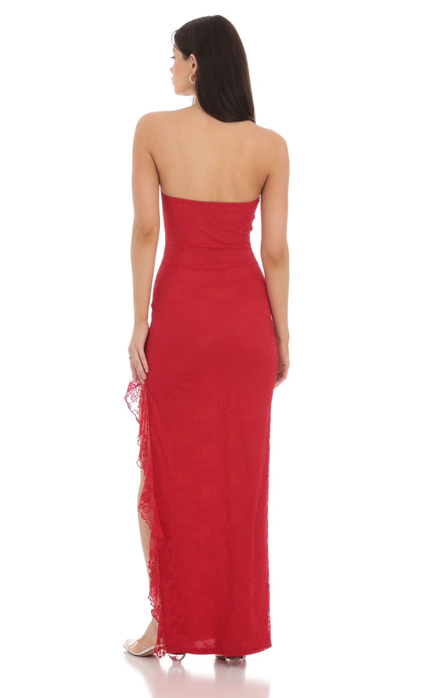 Strapless Lace Ruffle Slit Dress in Red - luluinthesky