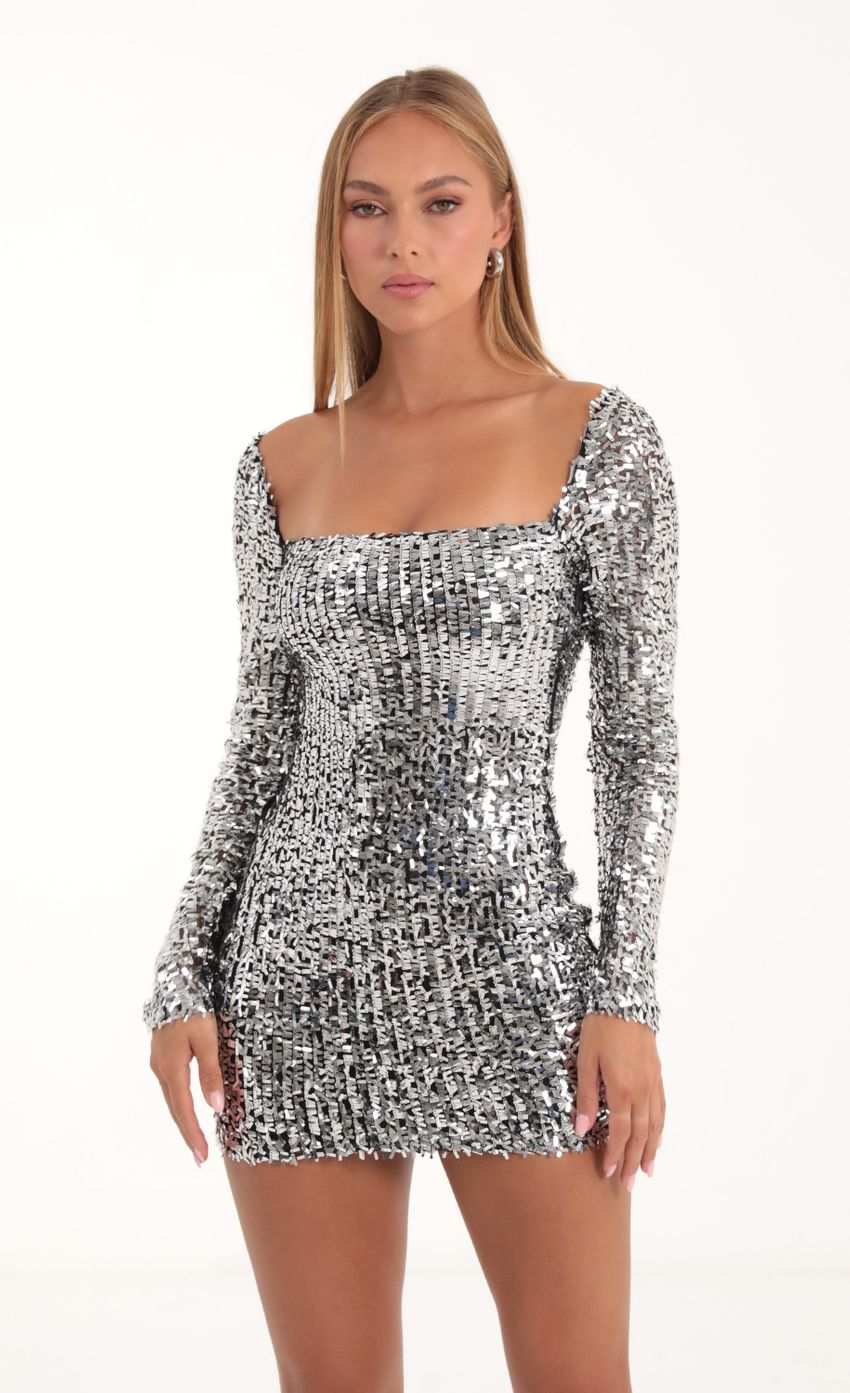 Sequin Mesh Long Sleeve Dress in Silver - luluinthesky