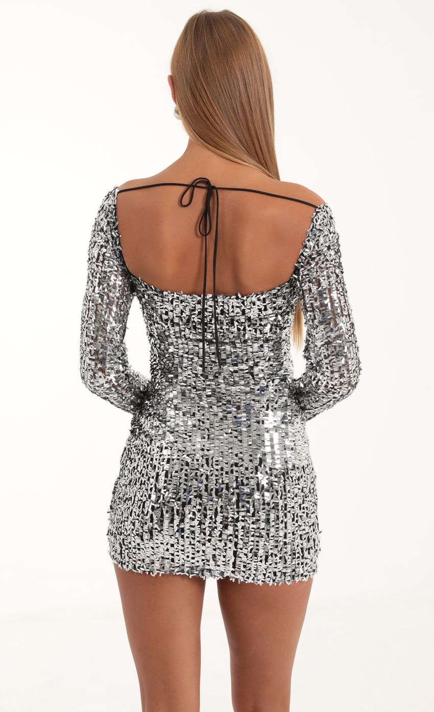 Sequin Mesh Long Sleeve Dress in Silver - luluinthesky