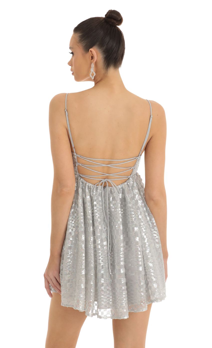 Checkered Sequin Baby Doll Dress in Silver - luluinthesky