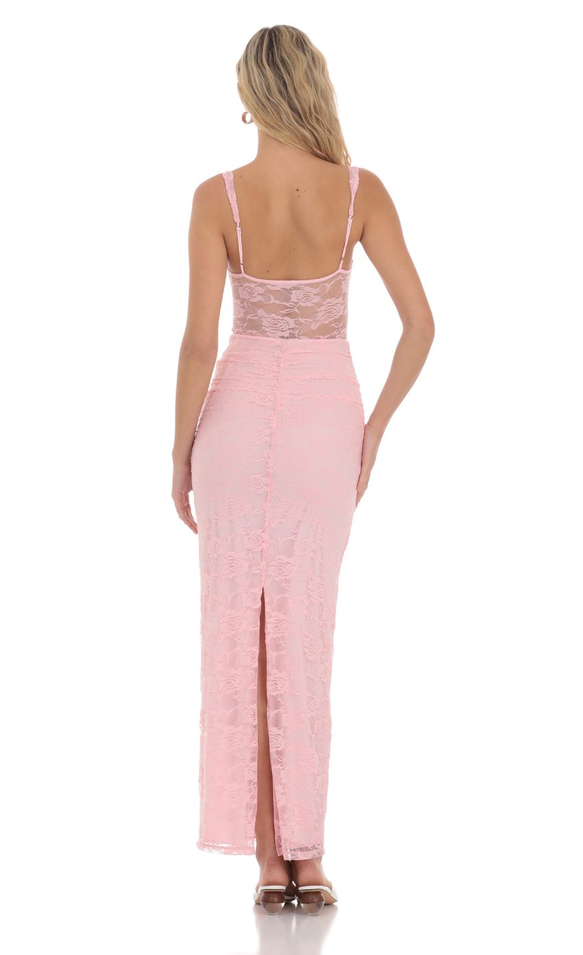 Lace Twist Ruched Maxi Dress in Pink - luluinthesky