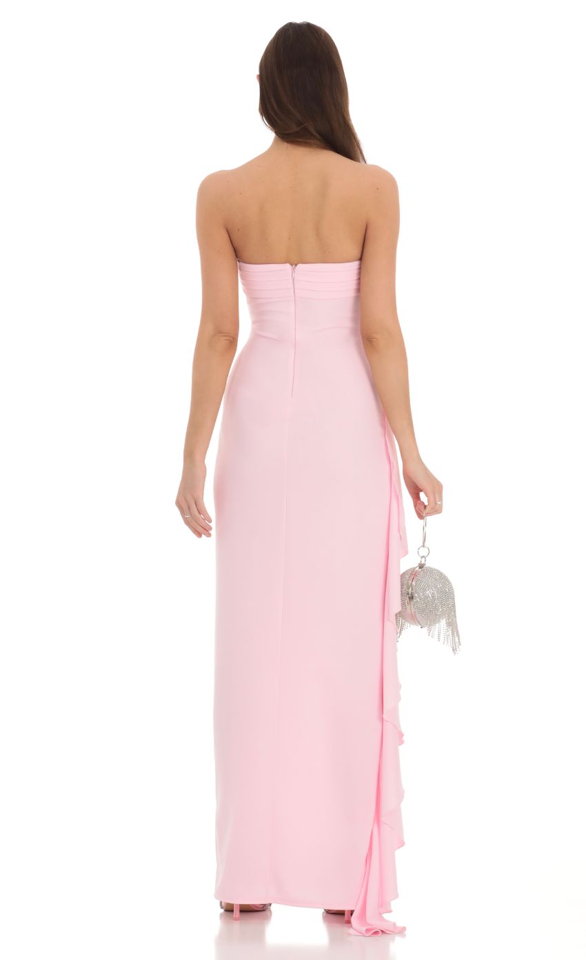Strapless Ruched Ruffle Maxi Dress in Pink - luluinthesky