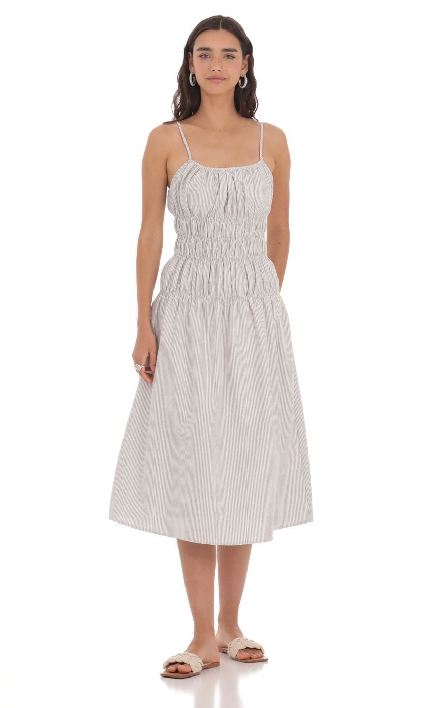 Ruched Striped Midi Dress in Grey - luluinthesky