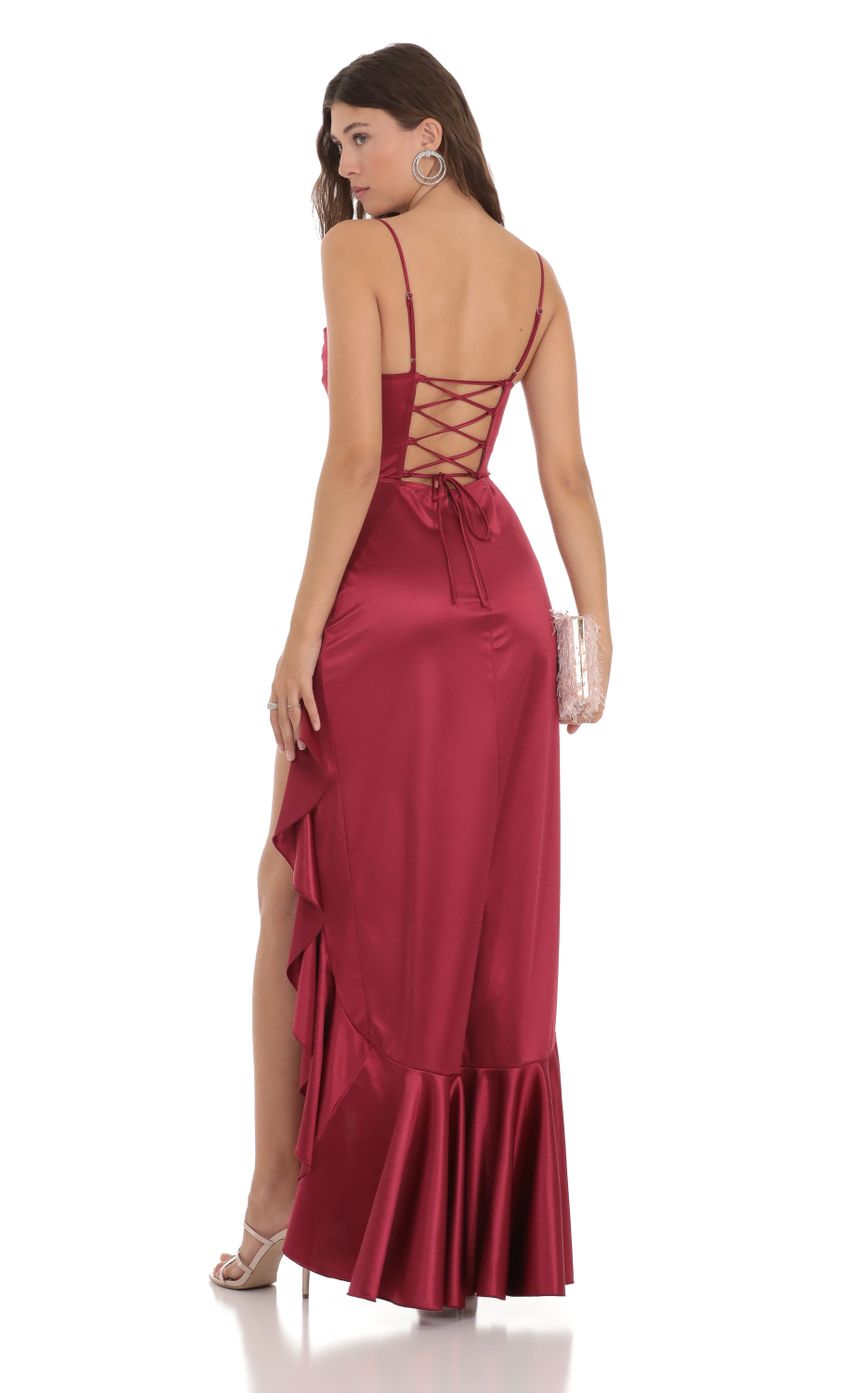 Satin Ruffle Maxi Dress in Maroon - luluinthesky