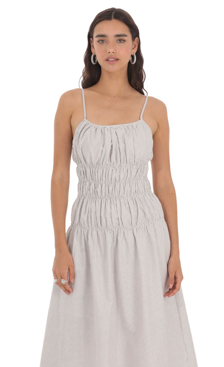 Ruched Striped Midi Dress in Grey - luluinthesky