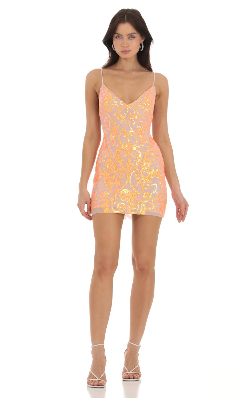 Dovy Orange Sequin Bodycon Dress in Nude - luluinthesky