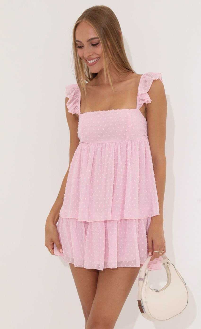 Dotted Chiffon Ruffle Dress in Pink - luluinthesky