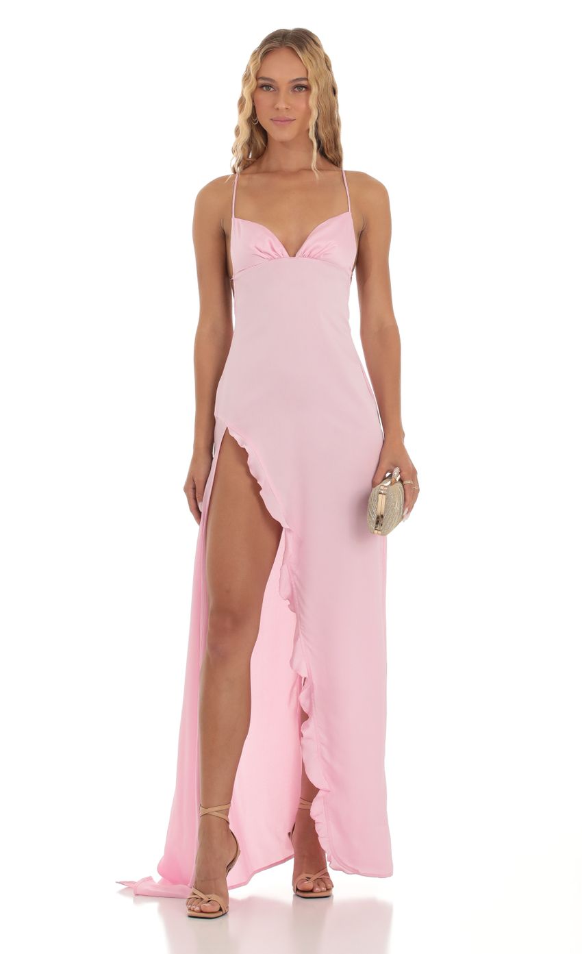 Siobhán Satin Ruffle Maxi Dress in Pink - luluinthesky