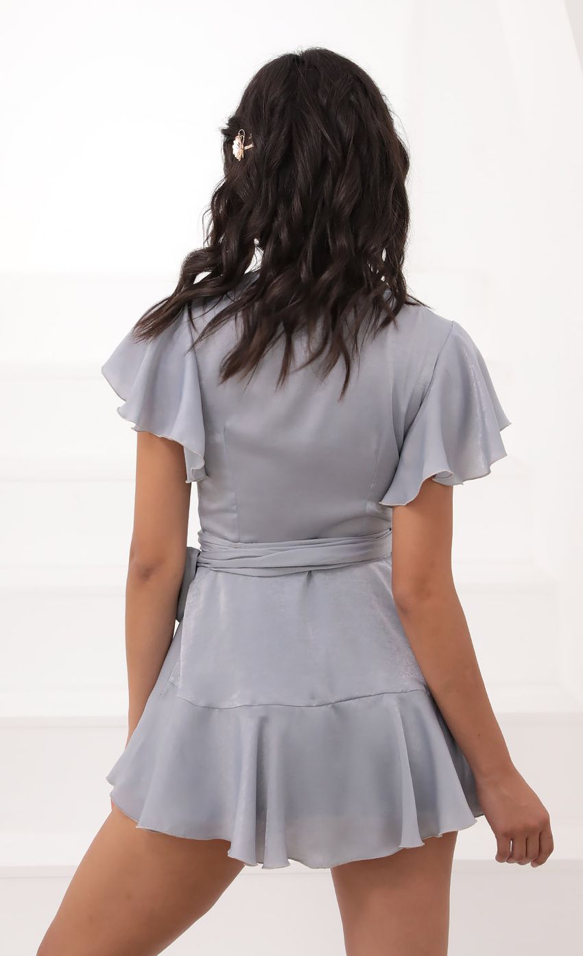 Wrap Dress in Silver Blue Satin - luluinthesky