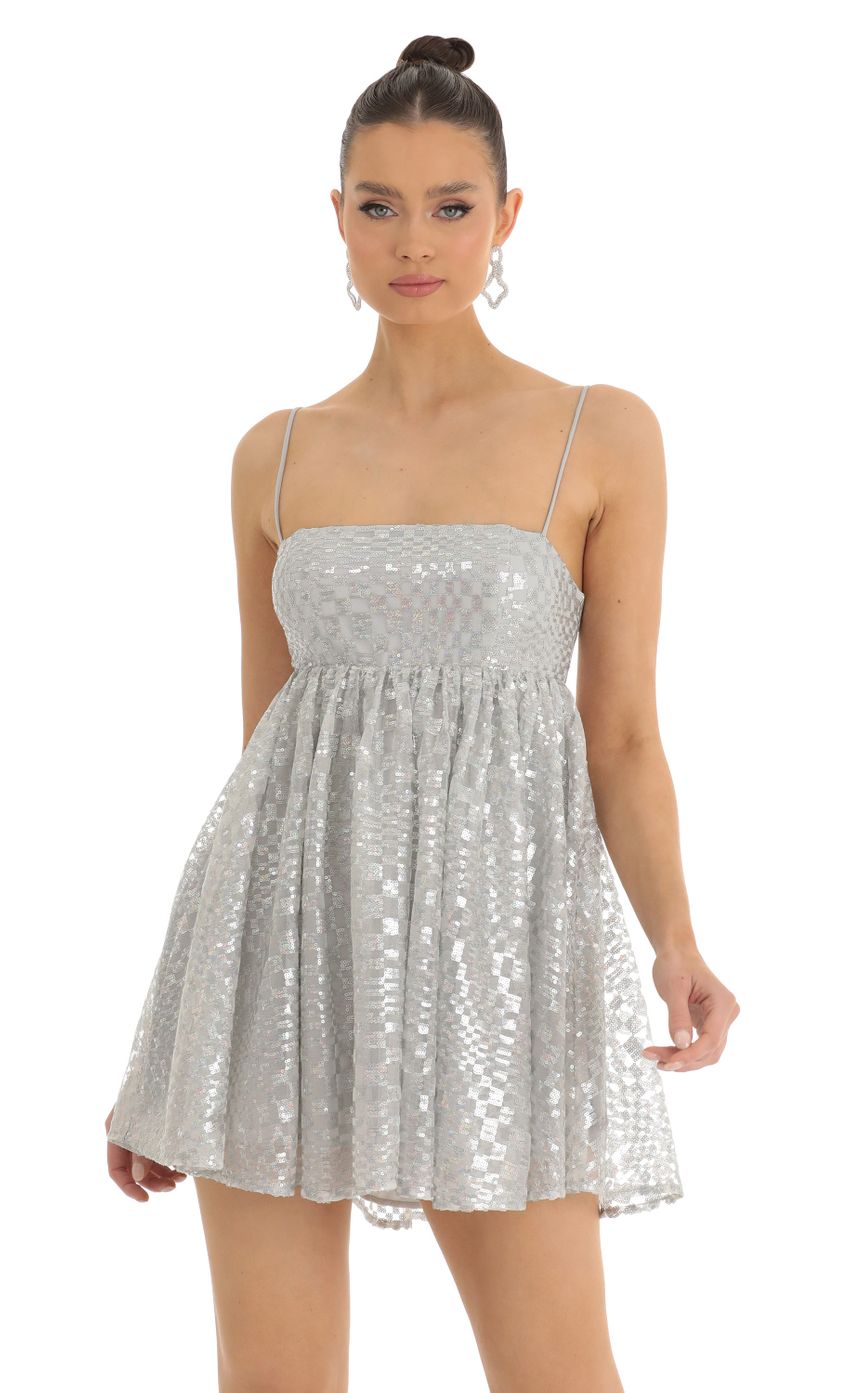 Checkered Sequin Baby Doll Dress in Silver - luluinthesky