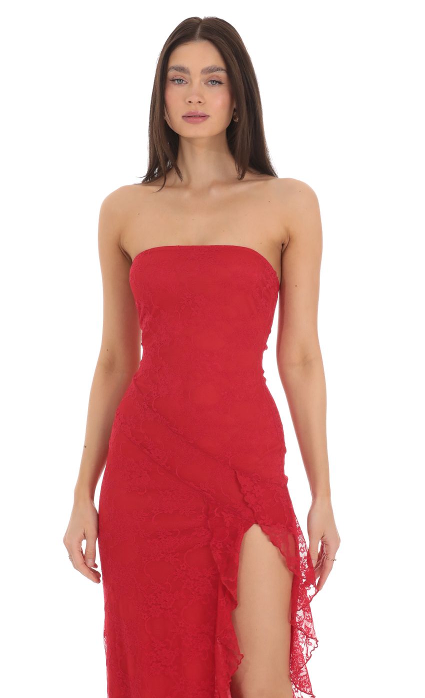 Strapless Lace Ruffle Slit Dress in Red - luluinthesky