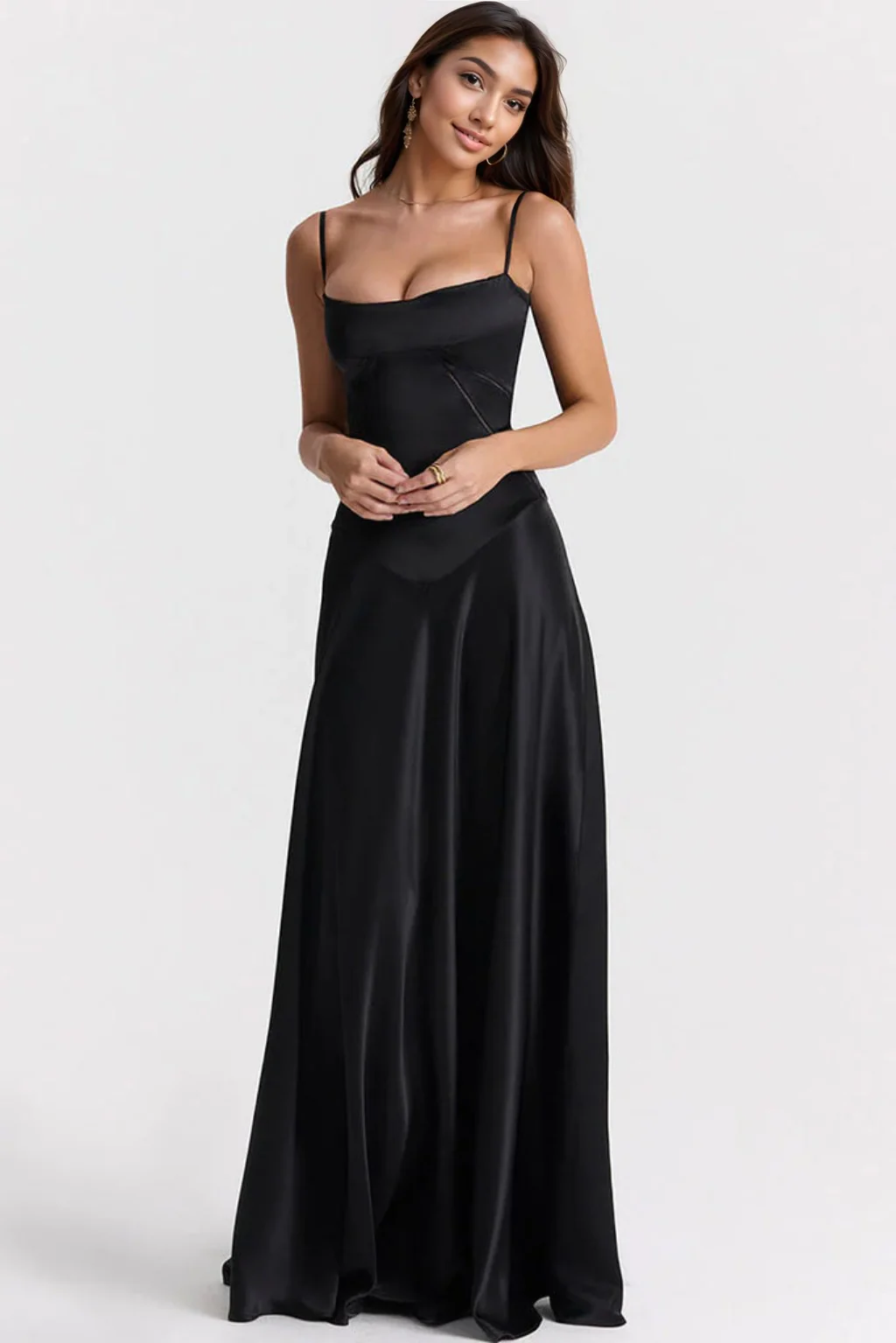 Sexy Square Neck Pintuck Trim Lace Up Back Satin Slip Maxi Dress - Black - luluinthesky