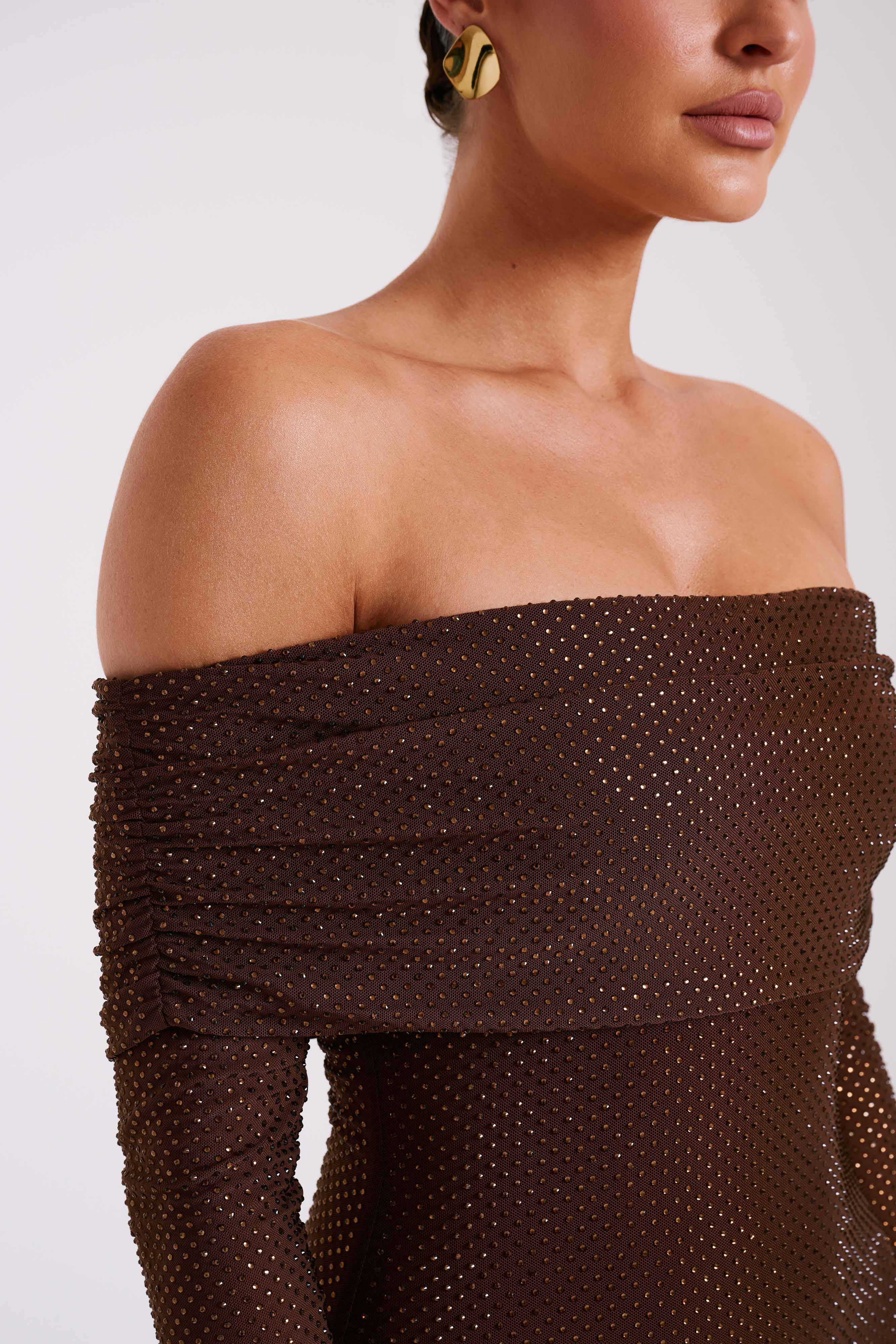 Marcel Off Shoulder Diamante Maxi Dress - Chocolate - luluinthesky
