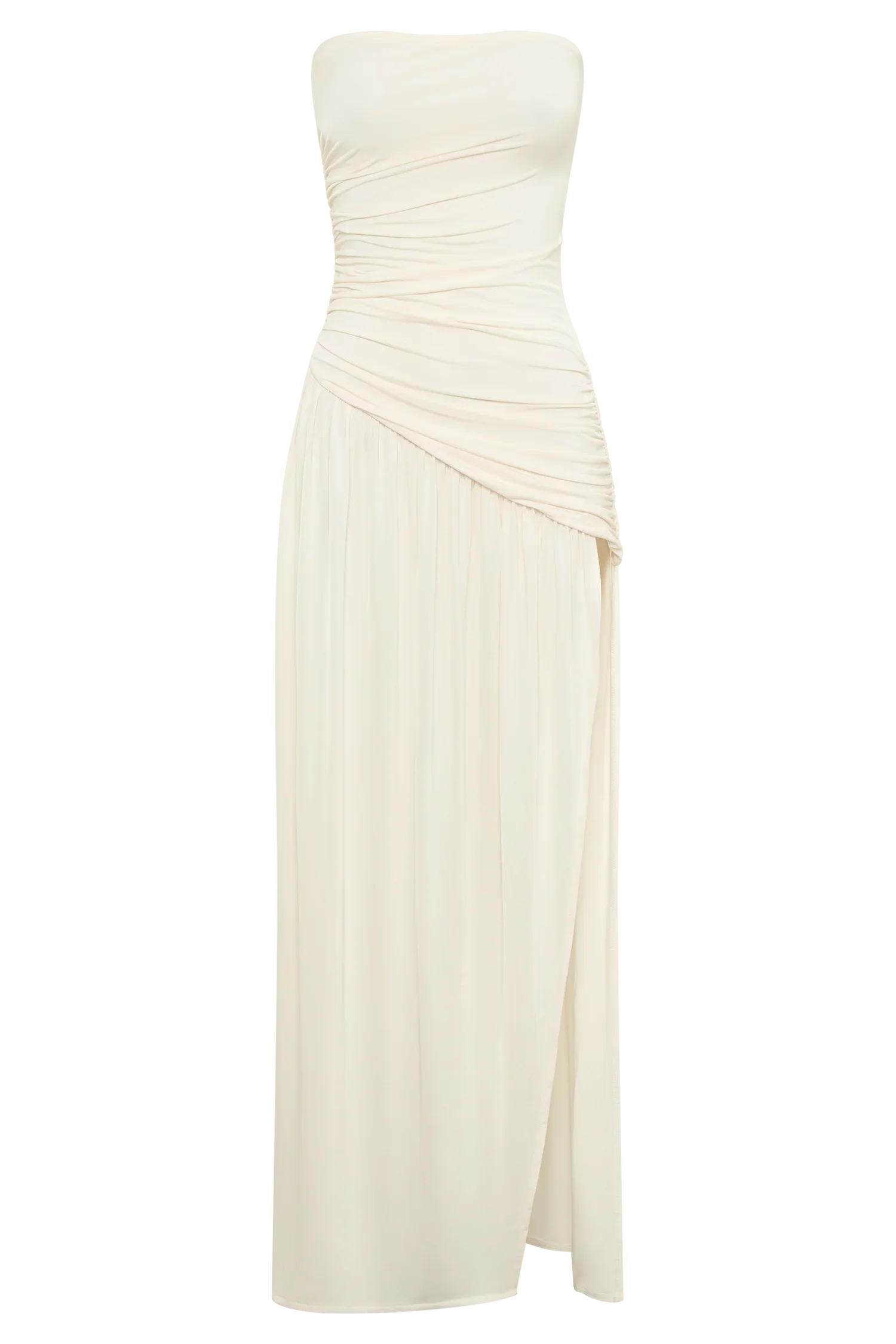 Bex Strapless Slinky Maxi Dress With Split - Ivory - luluinthesky