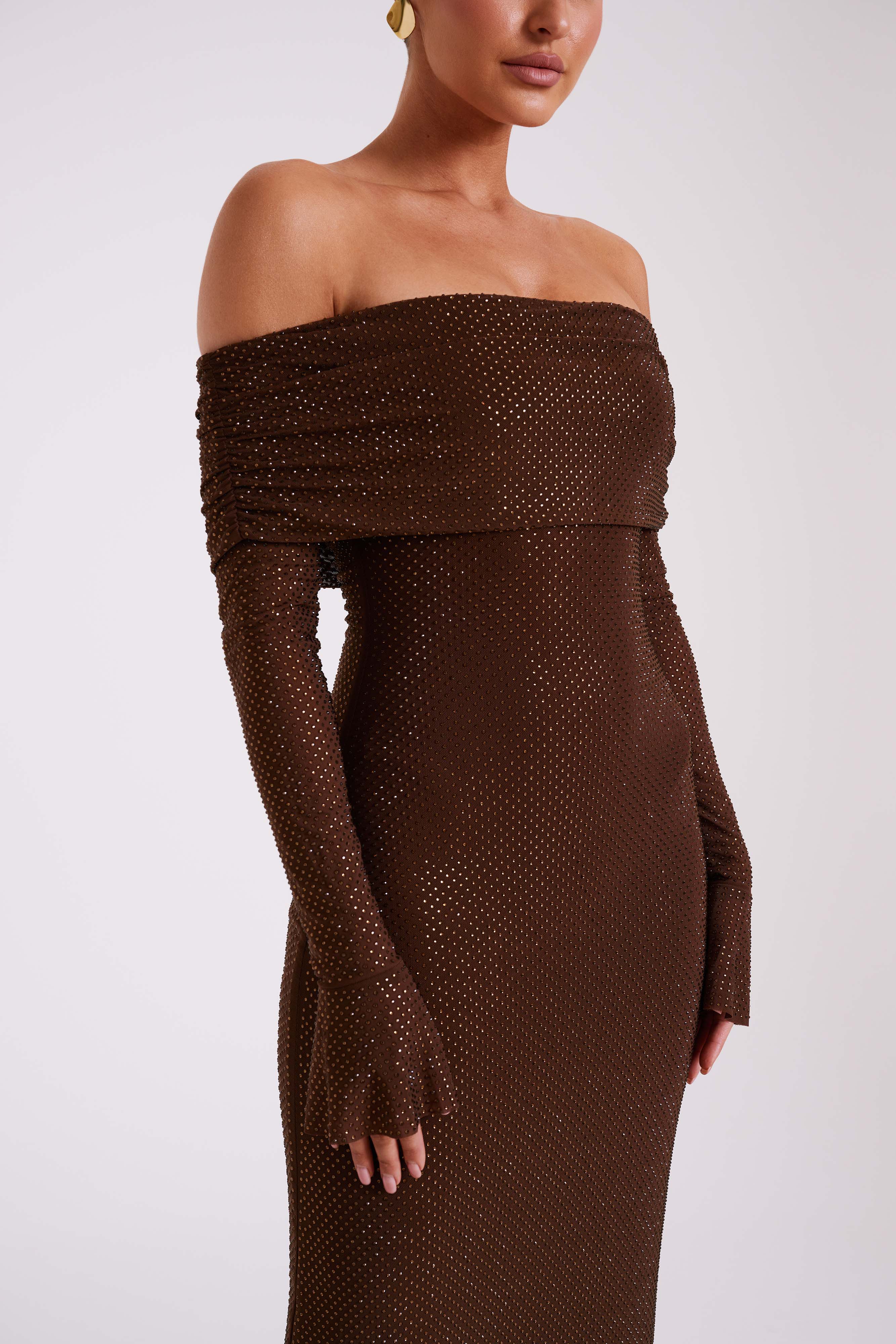 Marcel Off Shoulder Diamante Maxi Dress - Chocolate - luluinthesky