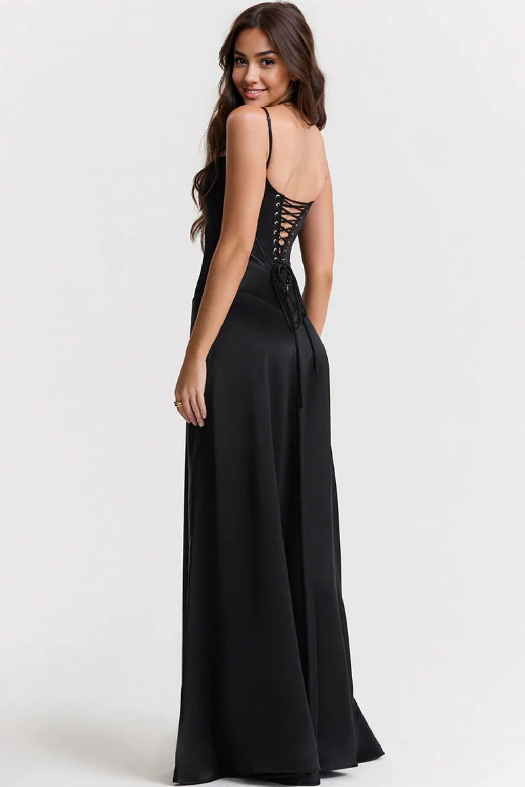 Sexy Square Neck Pintuck Trim Lace Up Back Satin Slip Maxi Dress - Black - luluinthesky
