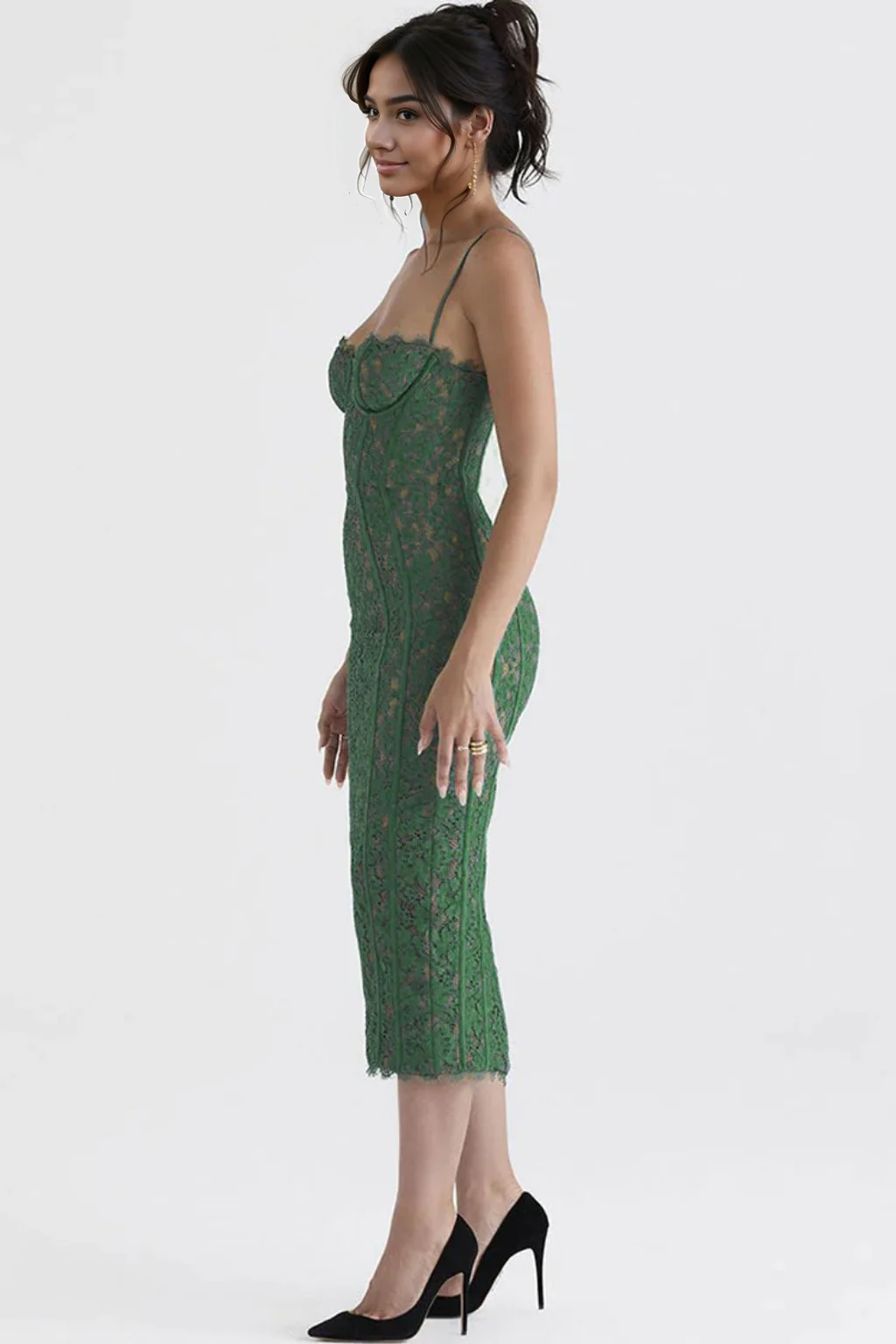 Vintage Eyelash Sweetheart Bodycon Lace Cocktail Midi Dress - Green - luluinthesky