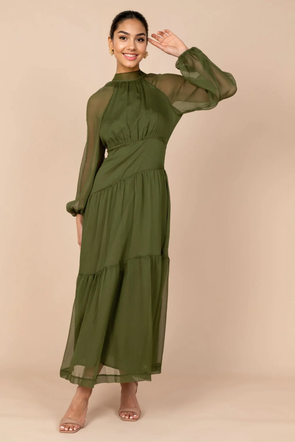 Julip Sheer Long Sleeve Maxi Dress - Olive - luluinthesky