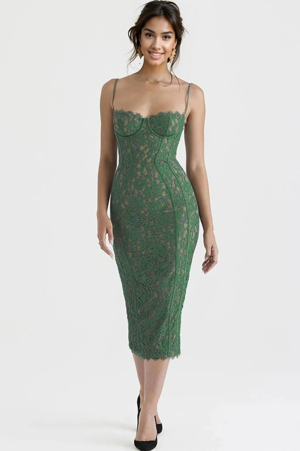 Vintage Eyelash Sweetheart Bodycon Lace Cocktail Midi Dress - Green - luluinthesky