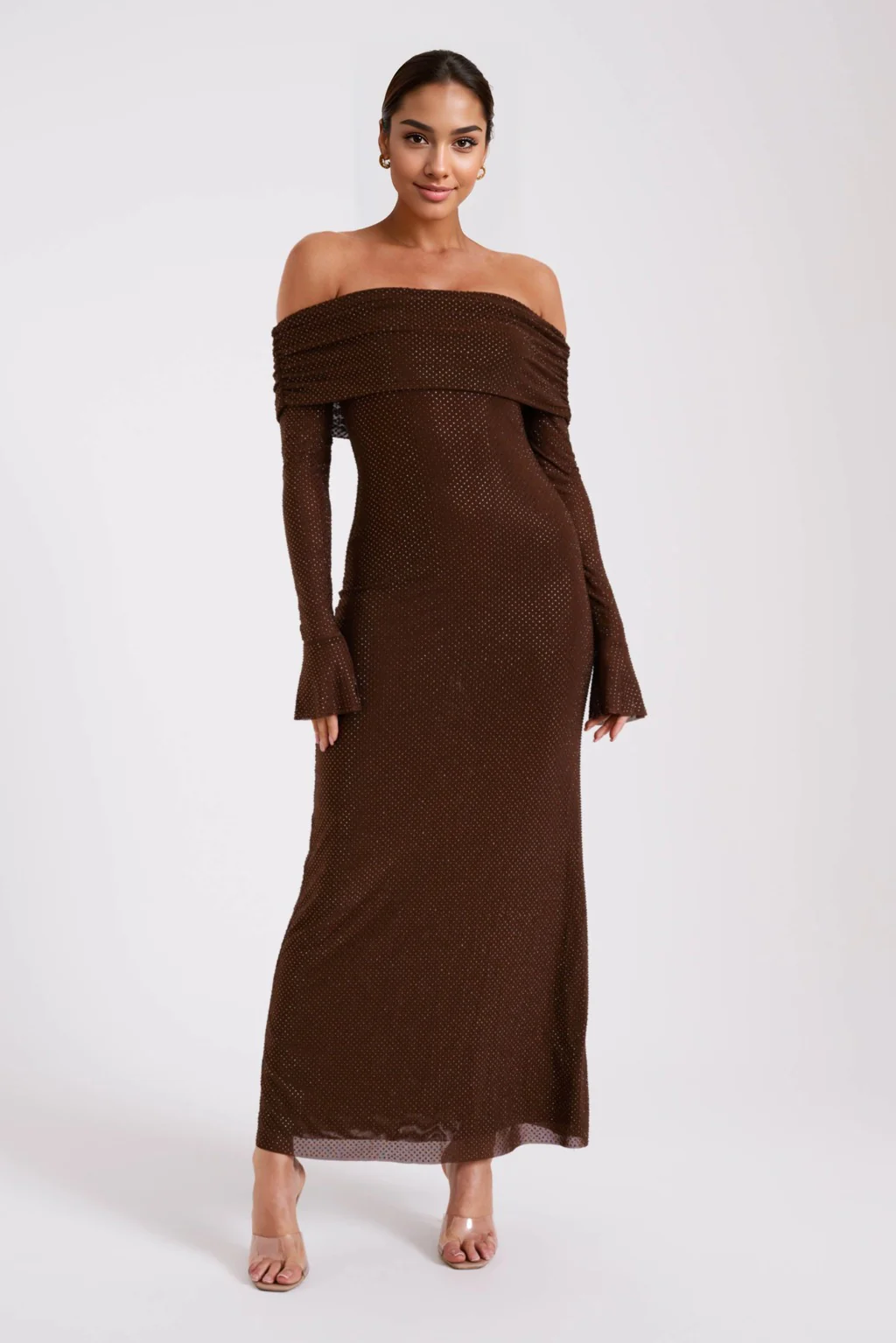 Marcel Off Shoulder Diamante Maxi Dress - Chocolate - luluinthesky