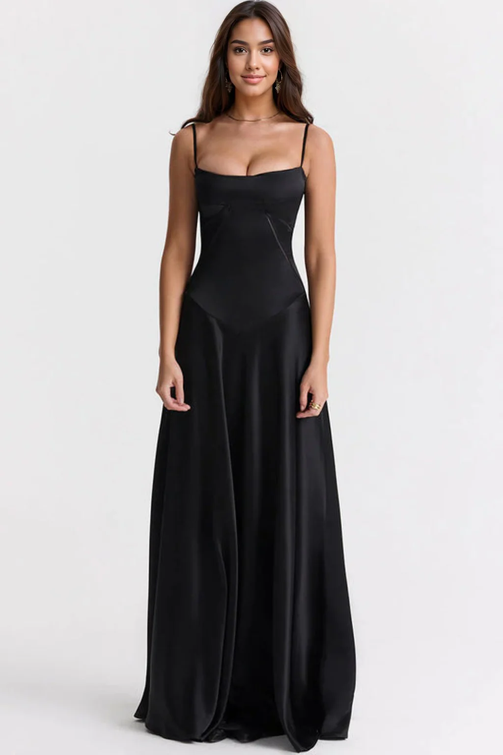 Sexy Square Neck Pintuck Trim Lace Up Back Satin Slip Maxi Dress - Black - luluinthesky