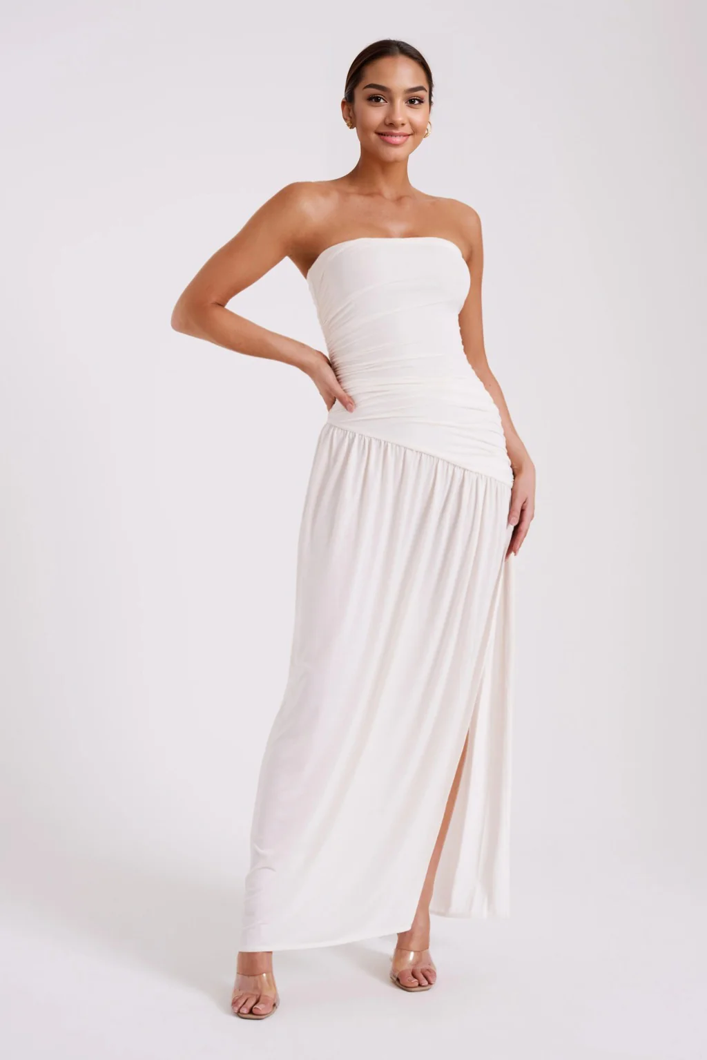 Bex Strapless Slinky Maxi Dress With Split - Ivory - luluinthesky