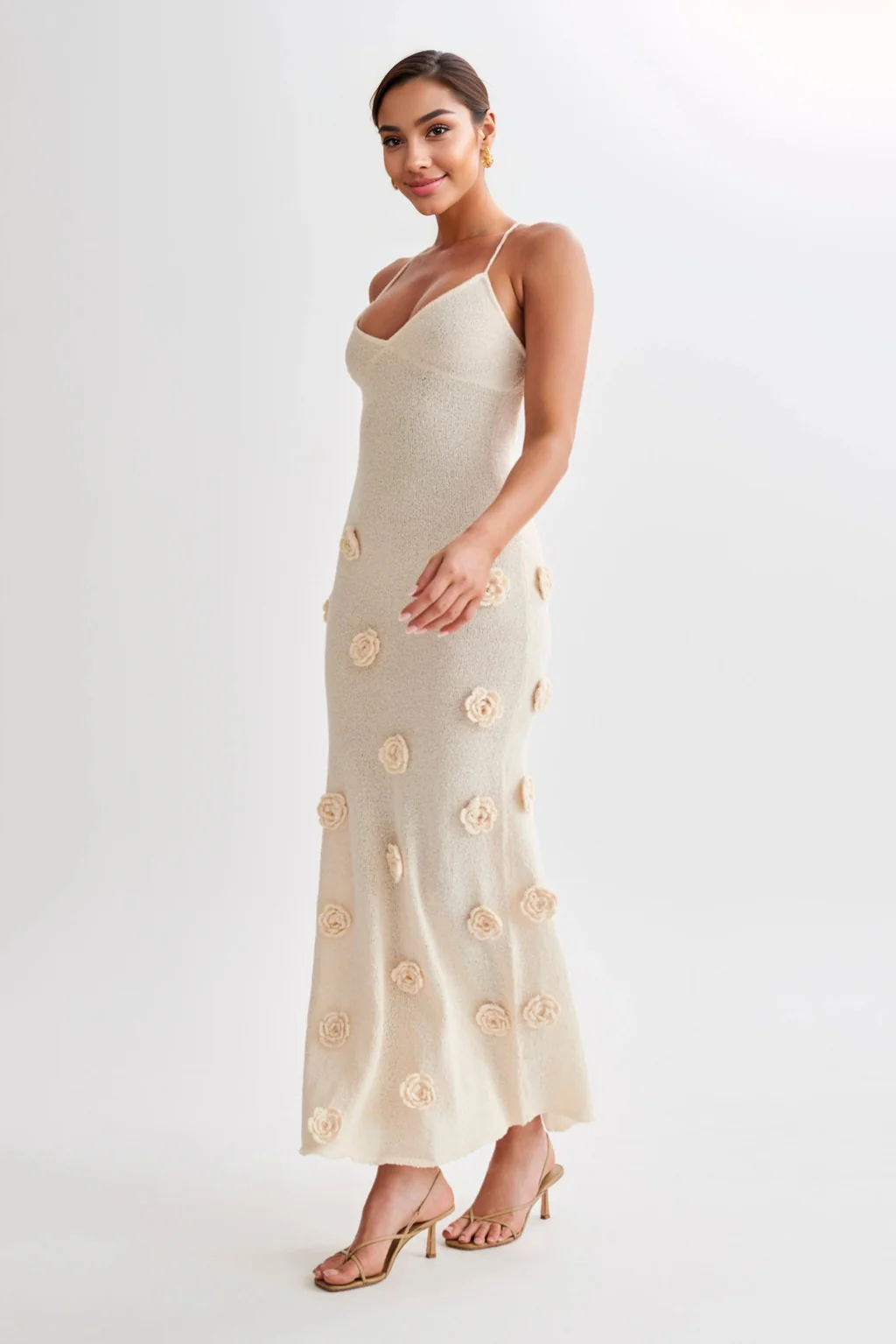 Suki Crochet Maxi Dress With Flowers - Nude - luluinthesky