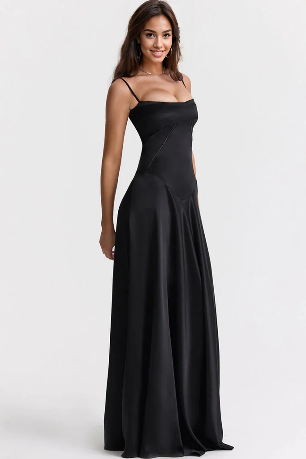 Sexy Square Neck Pintuck Trim Lace Up Back Satin Slip Maxi Dress - Black - luluinthesky