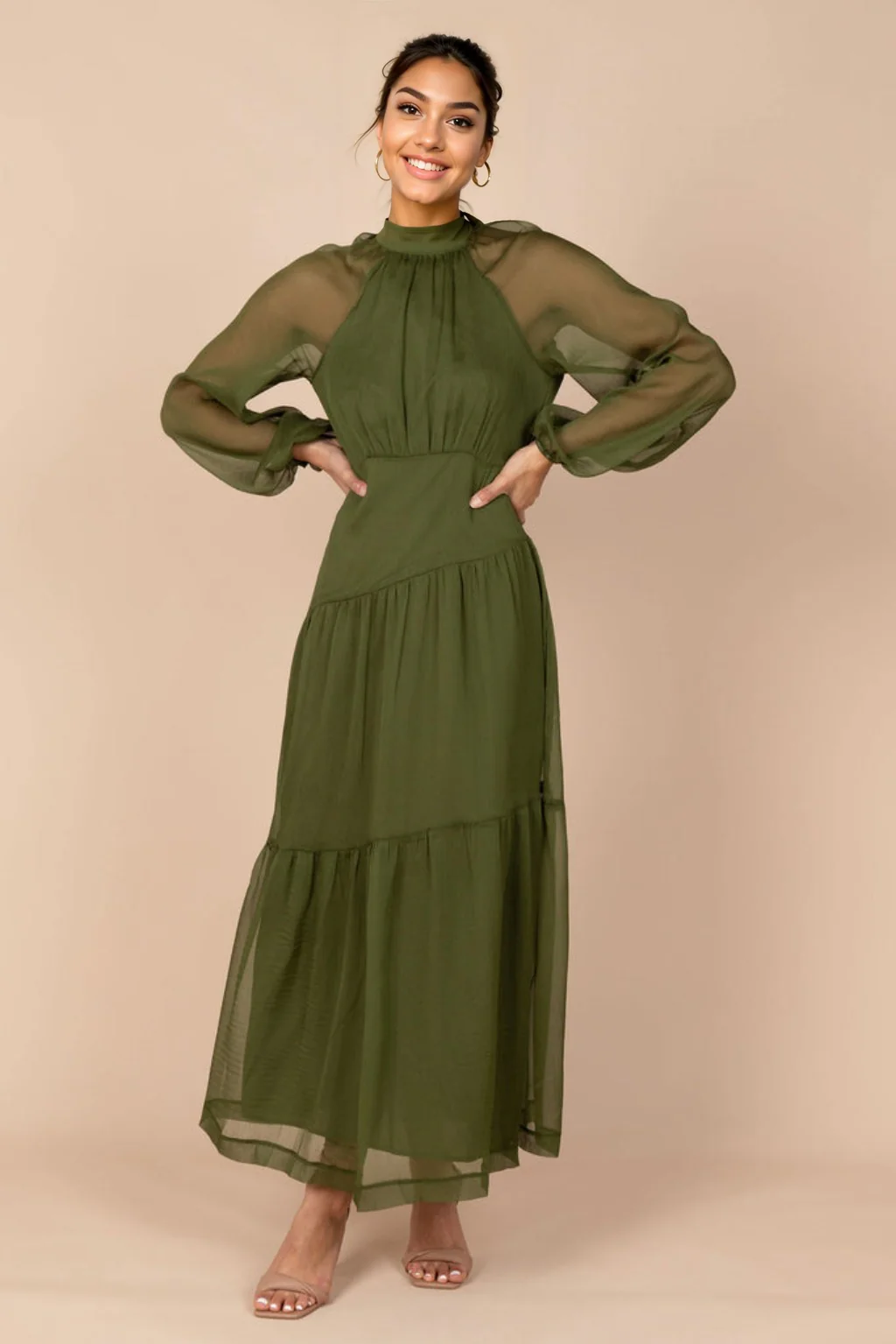 Julip Sheer Long Sleeve Maxi Dress - Olive - luluinthesky
