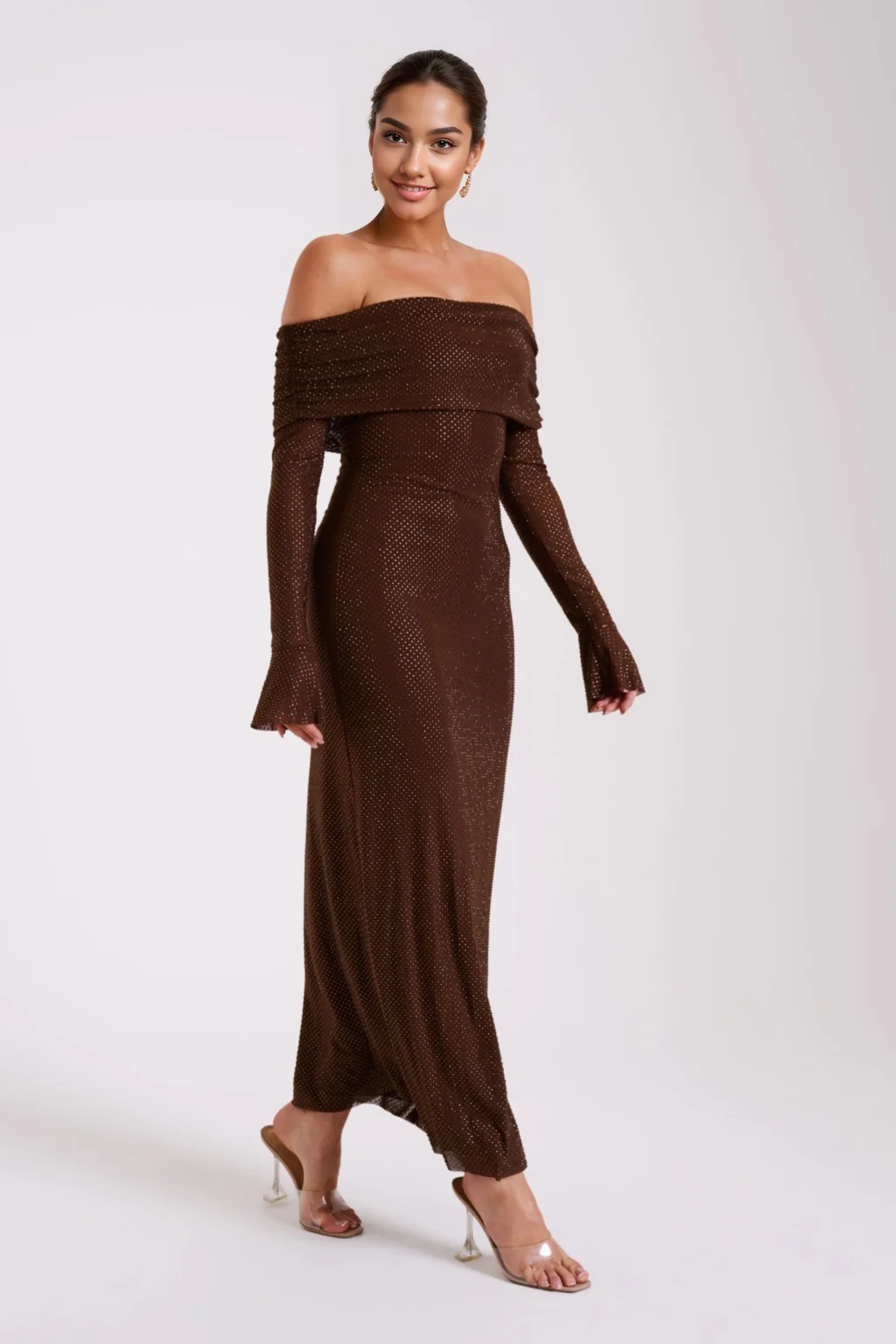 Marcel Off Shoulder Diamante Maxi Dress - Chocolate - luluinthesky