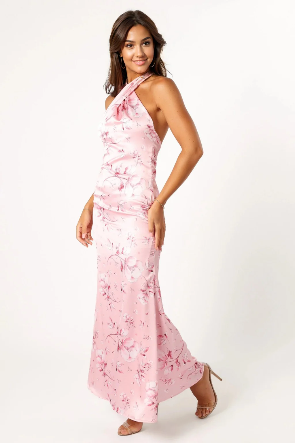Mila Halterneck Maxi Dress - Pink Floral - luluinthesky