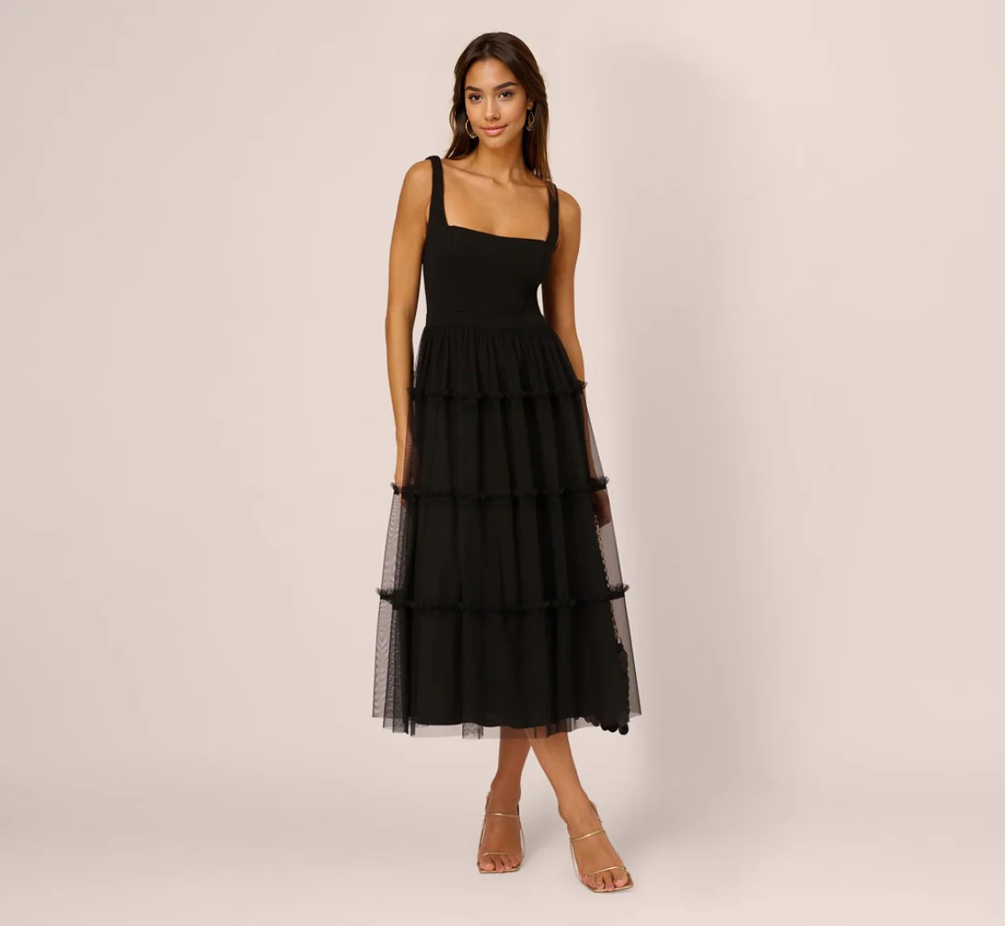 Sleeveless Midi Dress With Square Neck And Tiered Skirt In Black - luluinthesky