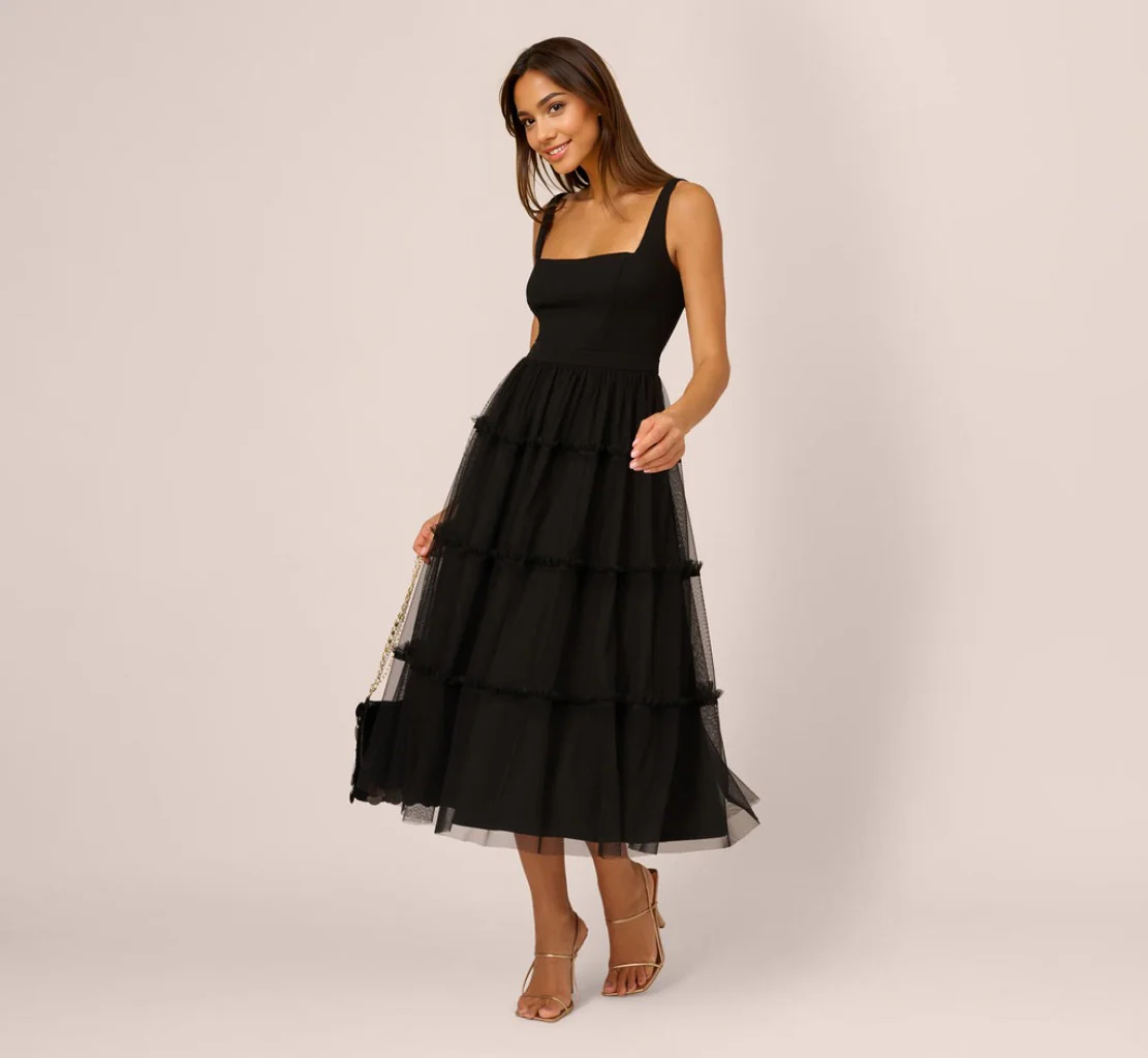 Sleeveless Midi Dress With Square Neck And Tiered Skirt In Black - luluinthesky