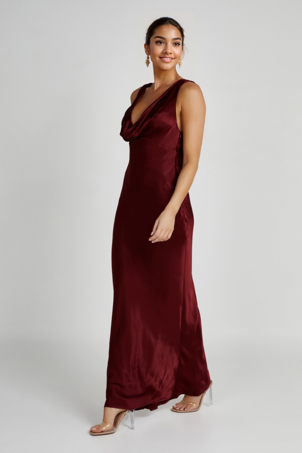 Angelique Satin Cowl Back Maxi Dress - Berry - luluinthesky
