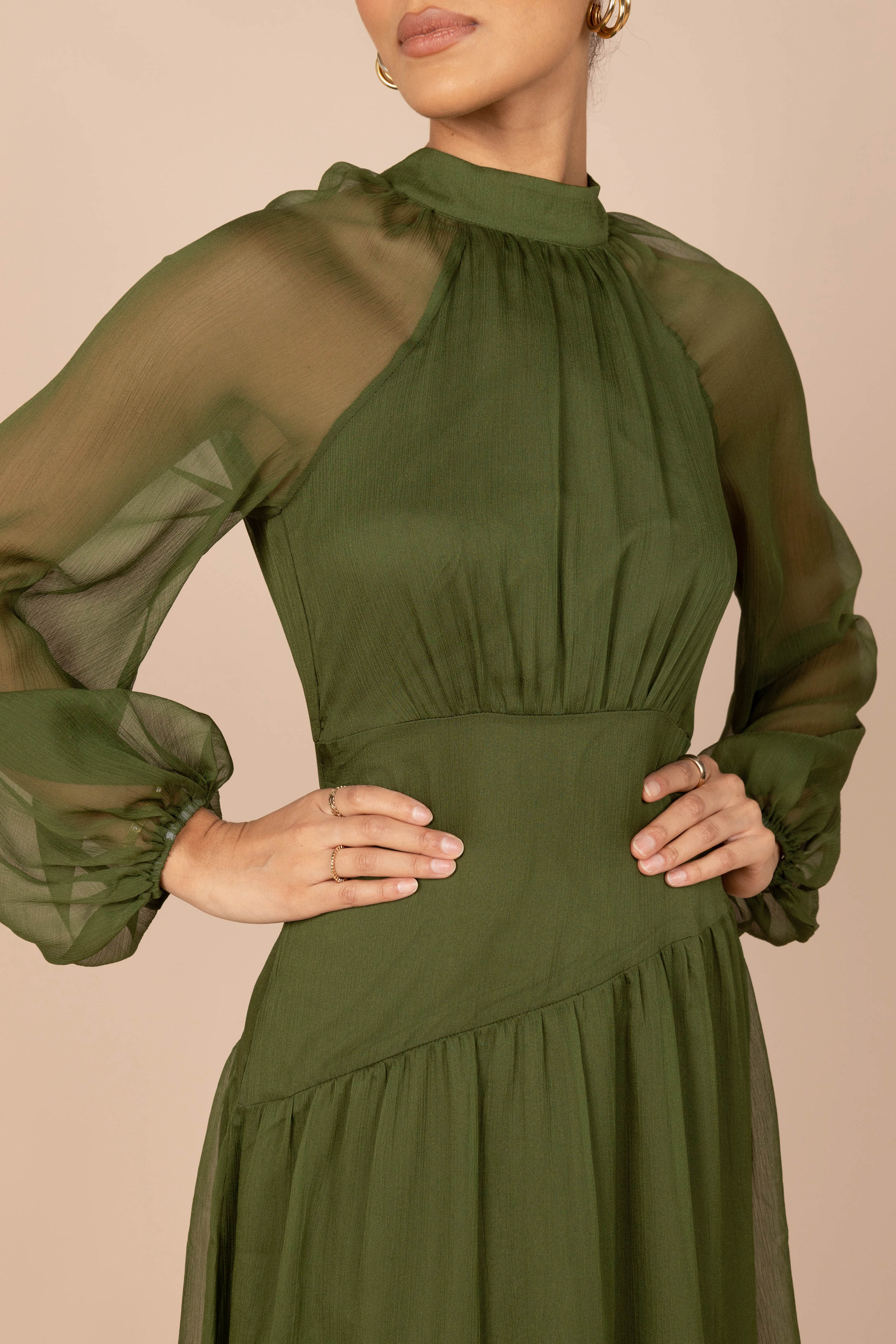 Julip Sheer Long Sleeve Maxi Dress - Olive - luluinthesky