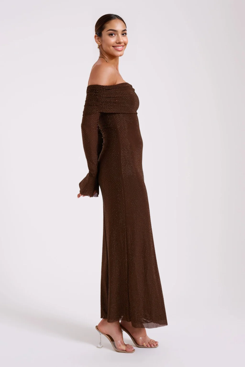 Marcel Off Shoulder Diamante Maxi Dress - Chocolate - luluinthesky
