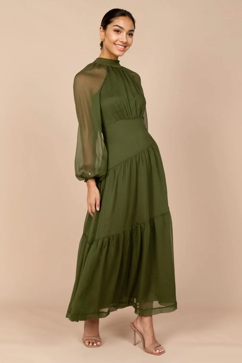 Julip Sheer Long Sleeve Maxi Dress - Olive - luluinthesky
