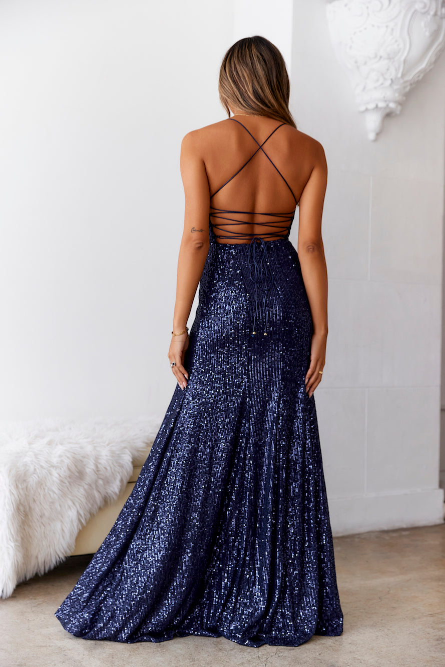 DEAR EMILIA Shimmer Lake Maxi Dress Navy Sequins - luluinthesky